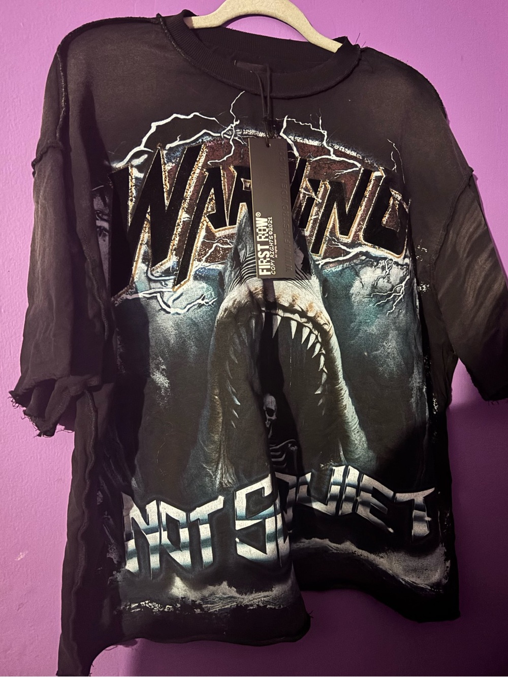 Black Graphic Shark Tee with Distressed Edge